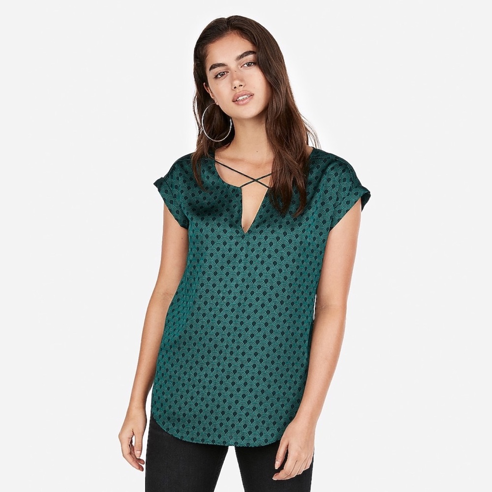 Express Art Deco Print Royal Green Blouse Size M